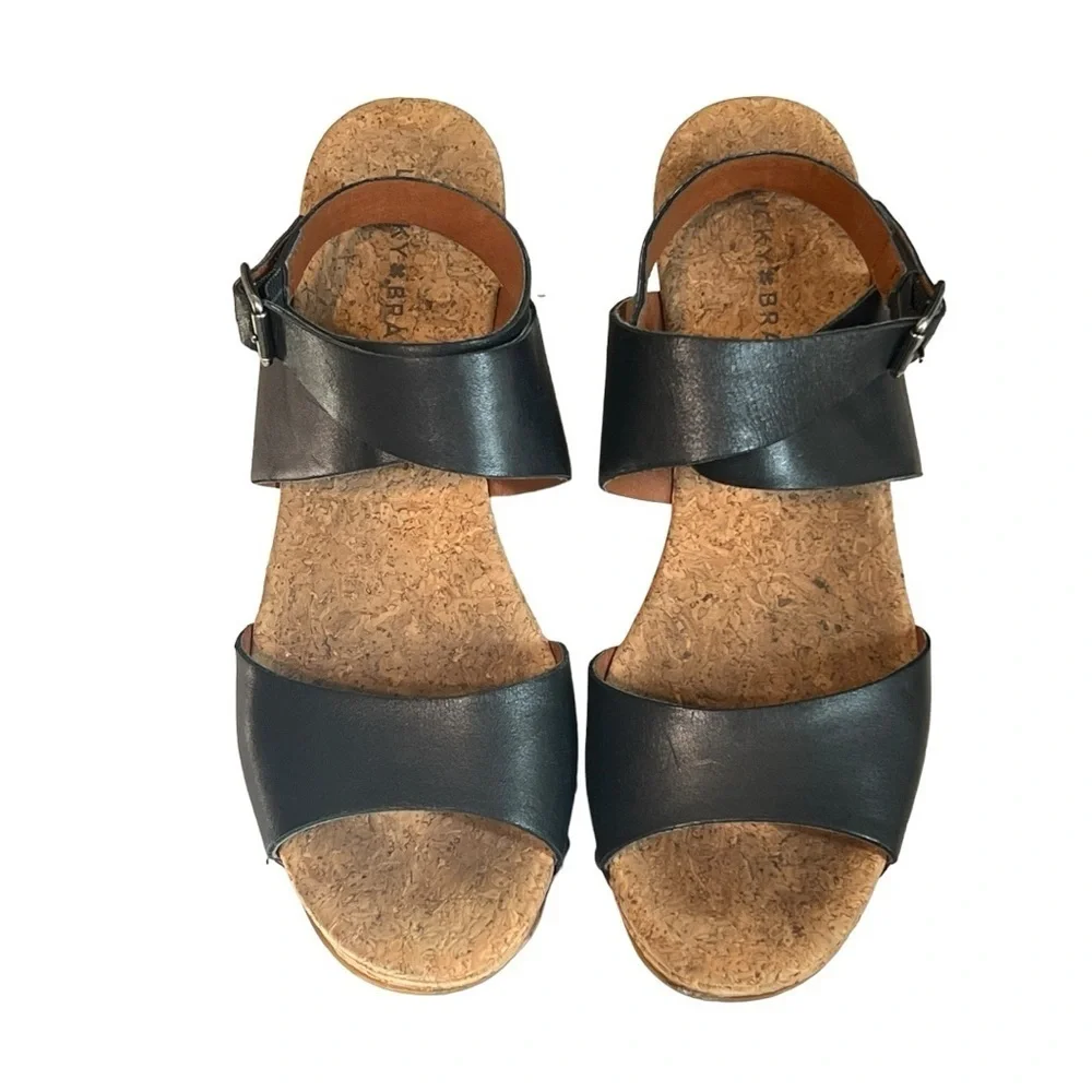Lucky Brand Moran Cork Wedge Sandals Black Leather Studded Platform Size 8.5